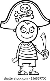 Black and White Cartoon Vector Illustration of Cute Little Boy in Pirate Costume for Fancy Ball for Coloring Book