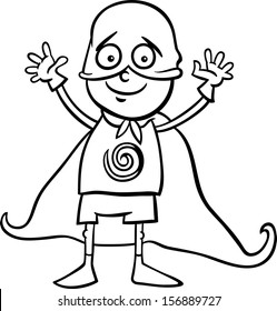 Black and White Cartoon Vector Illustration of Cute Little Boy in Superhero Costume for Fancy Ball for Coloring Book