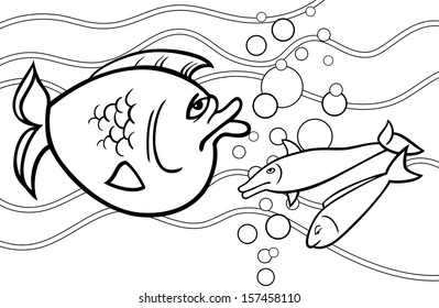 Black and White Cartoon Vector Illustration of Big Fish in the Sea for Coloring Book