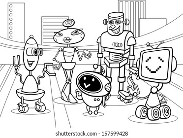 Black and White Cartoon Vector Illustration of Funny Robots or Droids Group for Coloring Book