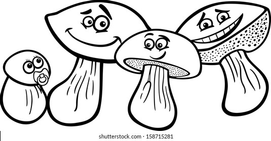 Black and White Cartoon Vector Illustration of Funny Mushrooms Food Objects Comic Character for Coloring Book