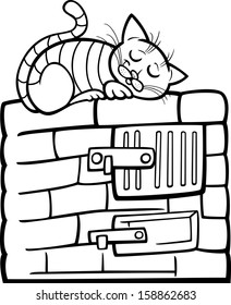 Black and White Cartoon Vector Illustration of Tabby Cat Sleeping on Stove for Coloring Book