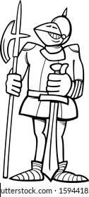 Black and White Cartoon Vector Illustration of Funny Knight in Armor with Sword and Halberd for Coloring Book