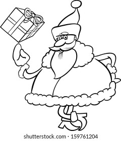 Black and White Cartoon Vector Illustration of Funny Santa Claus Character with Christmas Present for Coloring Book