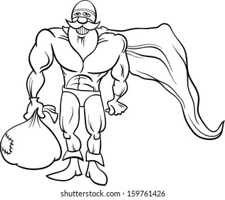 Black and White Cartoon Vector Illustration of Funny Superhero or Hero Santa Claus Character with Sack Full of Christmas Presents for Coloring Book