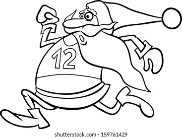 Black and White Cartoon Vector Illustration of Funny Running Santa Claus Character for Coloring Book