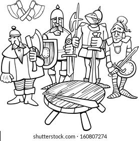 Black And White Cartoon Vector Illustration Of Legendary Knights Of The Round Table For Coloring Book