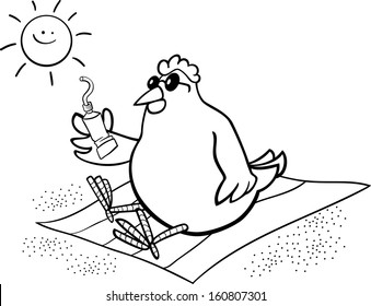 Black and White Cartoon Vector Illustration of Chicken or Hen on the Beach with Suntan Cream for Coloring Book