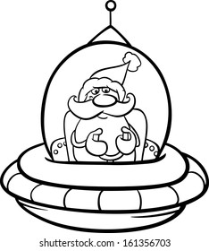 Black and White Cartoon Vector Illustration of Santa Claus flying in Spaceship on Christmas Time for Coloring Book