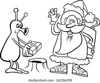 Black and White Cartoon Vector Illustration of Santa Claus in Space giving Christmas Present to Funny Alien for Coloring Book