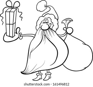 Black and White Cartoon Vector Illustration of Santa Claus with Sack and Christmas Present for Coloring Book