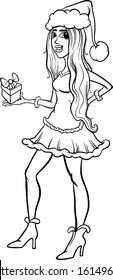 Black and White Cartoon Vector Illustration of Beautiful Girl or Woman in Santa Claus Costume on Christmas Time for Coloring Book
