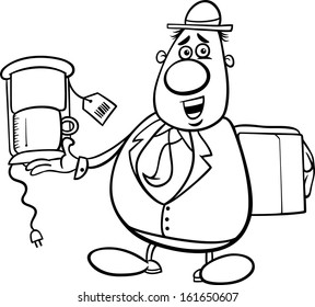 Black and White Cartoon Vector Illustration of Funny Salesman or Bagman with Coffee Maker for Coloring Book