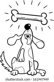 Black and White Cartoon Vector Illustration of Cute Dog with Big Dog-bone for Coloring Book