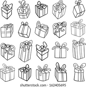 Black and White Cartoon Vector Illustration of Christmas or Birthday Presents or Gifts Objects Clip Art Set for Coloring Book