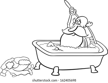 Black and White Cartoon Vector Illustration of Santa Claus taking a Bath after Christmas for Coloring Book