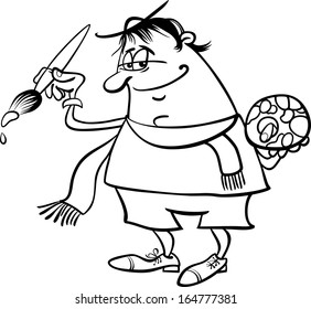 Black and White Cartoon Vector Illustration of Funny Painter Artist with Palette and Brush for Coloring Book