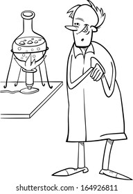 Black and White Cartoon Vector Illustration of Funny Scientist in Laboratory for Coloring Book