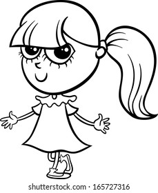 Black and White Cartoon Vector Illustration of Cute Cheerful Little Girl for Coloring Book