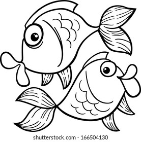 Black and White Cartoon Vector illustration of Zodiac Pisces or Fish for Coloring Book