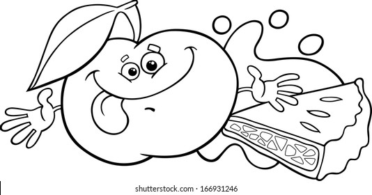 Black and White Cartoon Vector Illustration of funny Green Apple Character with Pie for Coloring Book