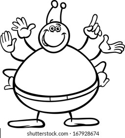 Black and White Cartoon Vector Illustration of Alien or Martian Funny Character for Coloring Book