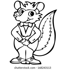 Black and white cartoon vector illustration of a squirrel. With Coloring Book.