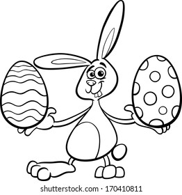 Black and White Cartoon Vector Illustration of Funny Easter Bunny with Colored Eggs for Coloring Book