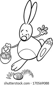 Black and White Cartoon Vector Illustration of Funny Easter Bunny with Basket Looking for Paschal Eggs for Coloring Book