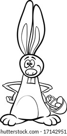 Black and White Cartoon Vector Illustration of Funny Easter Bunny with Eggs in the Basket for Coloring Book