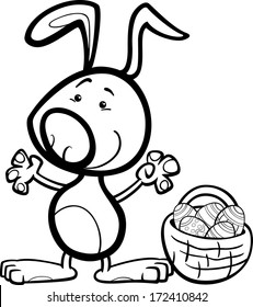 Black and White Cartoon Vector Illustration of Cute Easter Bunny with Basket full of Paschal Eggs for Coloring Book