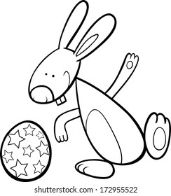 Black and White Cartoon Vector Illustration of Easter Bunny with Big Paschal Egg for Coloring Book