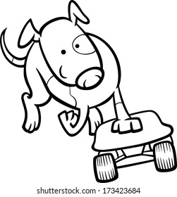 Black and White Cartoon Vector Illustration of Funny Dog on the Skateboard for Coloring Book
