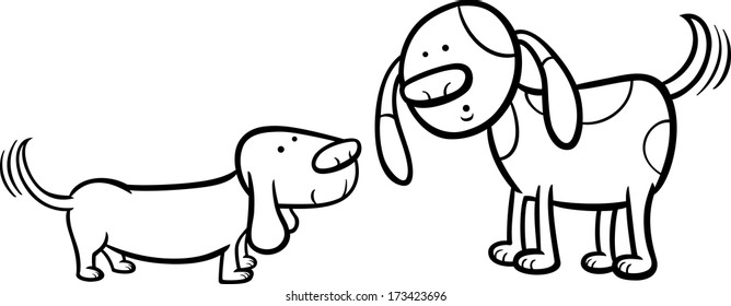 Black and White Cartoon Vector Illustration of Two Funny Dogs Wagging their Tails for Coloring Book