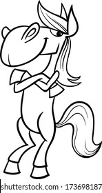 Black and White Cartoon Vector Illustration of Funny Horse Farm Animal for Coloring Book
