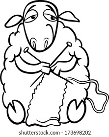 Black and White Cartoon Vector Illustration of Funny Sheep Farm Animal Knitting for Coloring Book