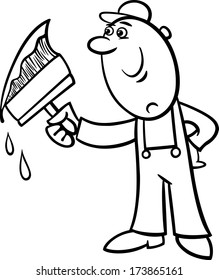 Black and White Cartoon Vector Illustration of Worker with Big Brush painting a Wall and doing Renovation for Coloring Book