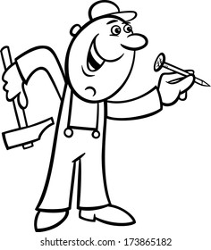 Black and White Cartoon Vector Illustration of Worker with Hammer and Nail doing Renovation for Coloring Book
