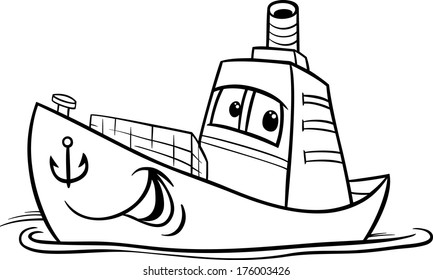 Black and White Cartoon Vector Illustration of Funny Container Ship Comic Mascot Character for Coloring Book