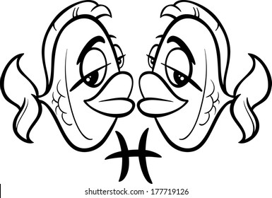 Black and White Cartoon Vector Illustration of Pisces or The Fishes Horoscope Zodiac Sign for Coloring Book