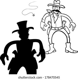 Black and White Cartoon Vector Illustration of Two Gunmen or Cowboys Gunfight Duel