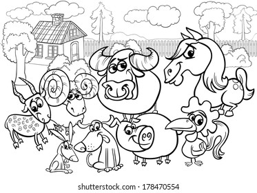 Black and White Cartoon Vector Illustration of Country Rural Scene with Farm Animals Livestock Characters Group for Coloring Book