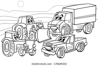 Black and White Cartoon Vector Illustration of Funny Vehicles and Machines or Trucks Cars Comic Characters Group for Coloring Book