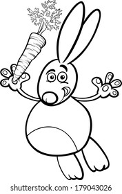 Black and White Cartoon Vector Illustration of Happy Rabbit or Bunny with Carrot for Coloring Book