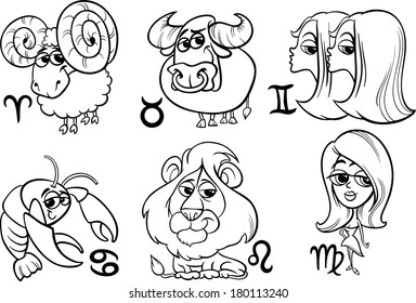 Black and White Cartoon Vector Illustration of Horoscope Zodiac Signs Set