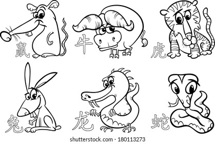 Black and White Cartoon Vector Illustration of Six Chinese Zodiac Horoscope Signs Set
