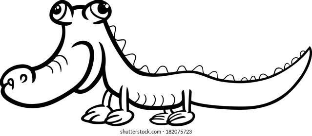 Black and White Cartoon Vector Illustration of Funny Crocodile or Lizard Reptile Animal for Coloring Book