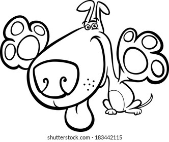 Black and White Cartoon Vector Illustration of Cute Playful Dog for Coloring Book