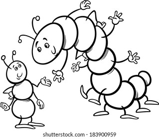 Black and White Cartoon Vector Illustration of Ant and Caterpillar or Millipede Insects Characters for Coloring Book
