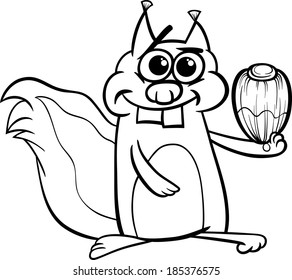 Black and White Cartoon Vector Illustration of Funny Squirrel Rodent Animal Character with Hazelnut for Coloring Book